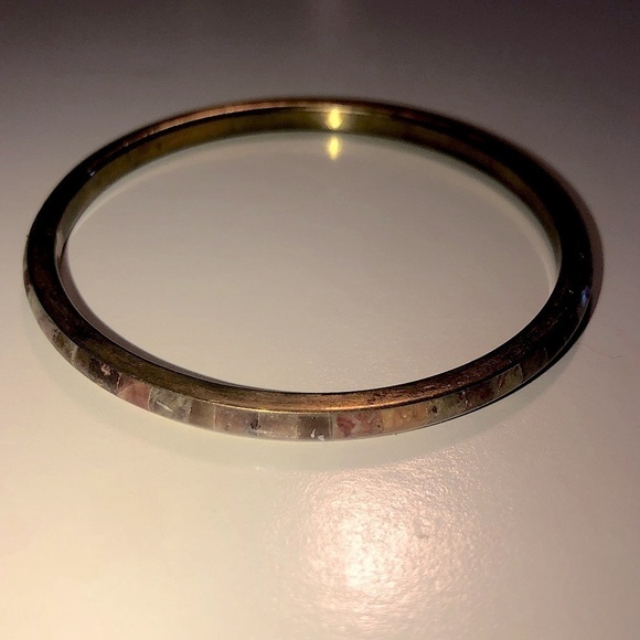 VTG 70s Brass & Stone Inlay Boho Hippie Stacking Bangle 8” / 2.6” Diameter - Picture 2 of 4